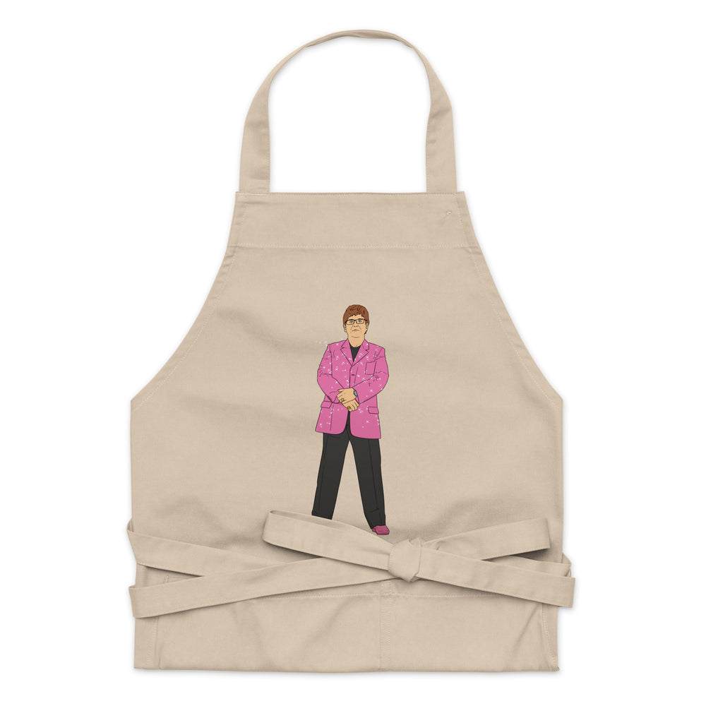 Front-facing beige apron with a tied waist and illustration of a person in a pink suit
