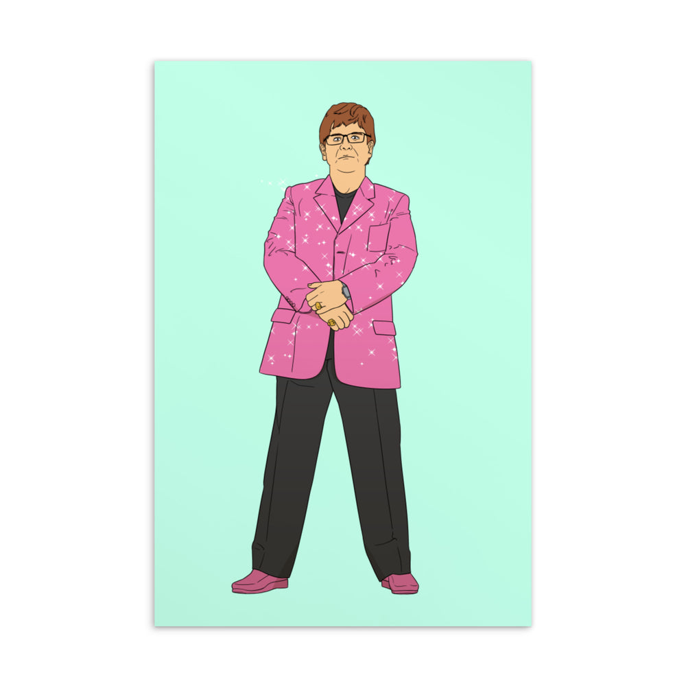Illustrated postcard of a bespectacled man in a sparkling pink suit against a mint background