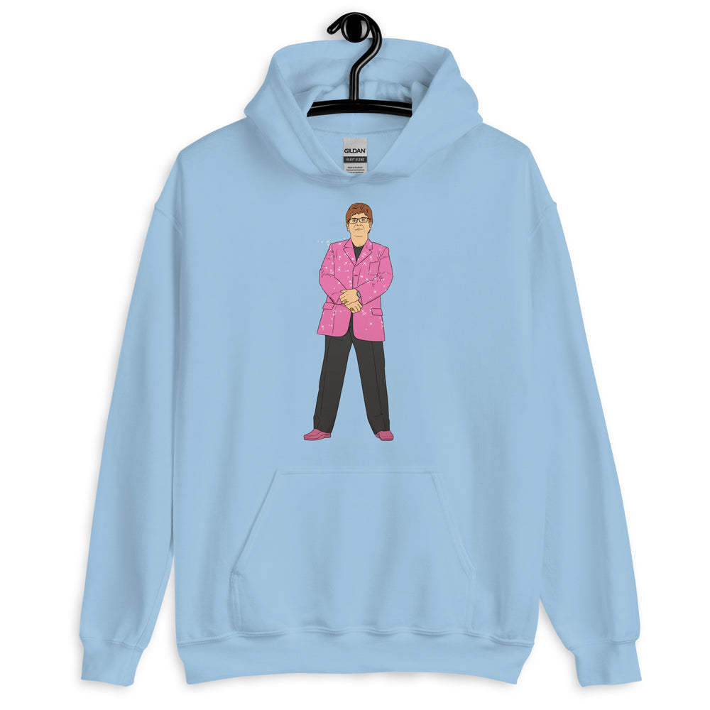 Front view of a light blue hoodie with an illustrated man in a pink suit