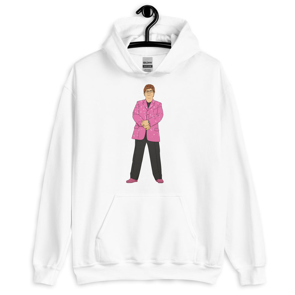 White hoodie on a hanger with a cartoon man in a pink suit printed on the front