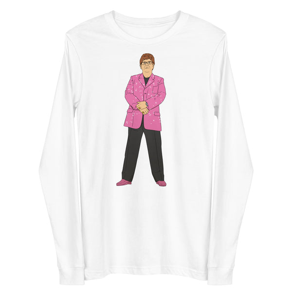 White long-sleeve shirt with a centered cartoon figure in a sparkling pink suit