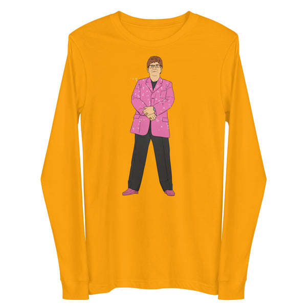 Front view of a golden-yellow long-sleeve shirt with a cartoon figure in a pink suit