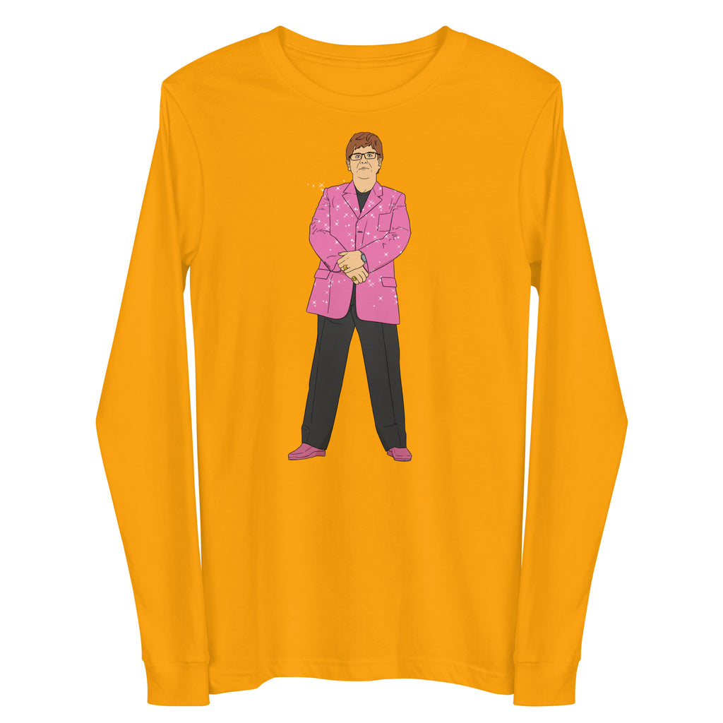 Front view of a golden-yellow long-sleeve shirt with a cartoon figure in a pink suit
