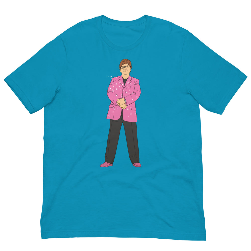 Front view of an aqua T-shirt with a central illustration of a man in a pink jacket