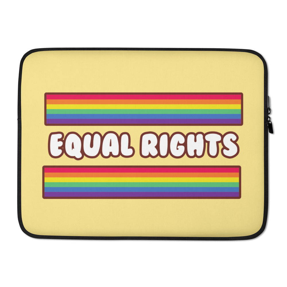 Front view of a yellow laptop sleeve with rainbow stripes and “EQUAL RIGHTS” text