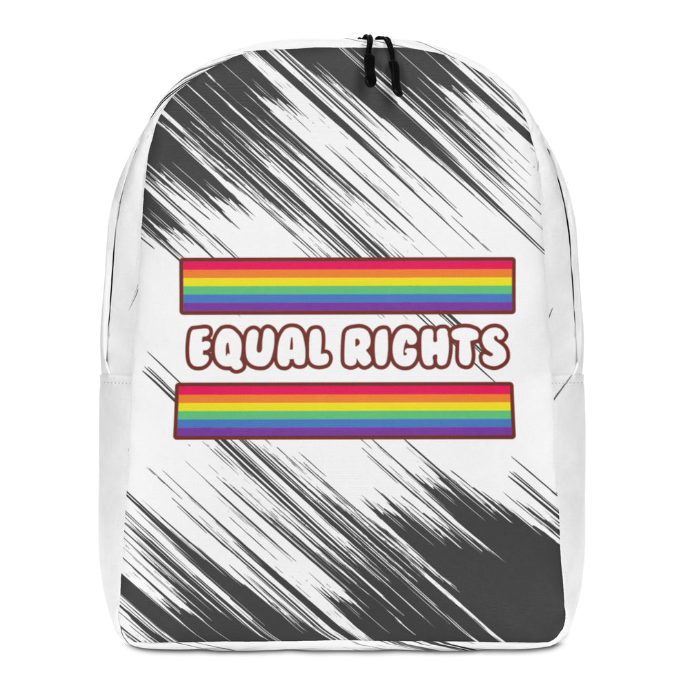 Front view of a white backpack with black brushstrokes, rainbow stripes, and “EQUAL RIGHTS” text