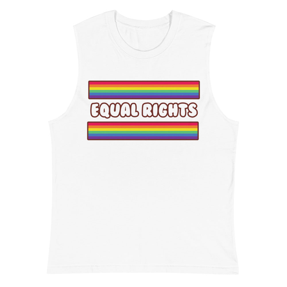 Front view of a white muscle tank with rainbow stripes and “EQUAL RIGHTS” text