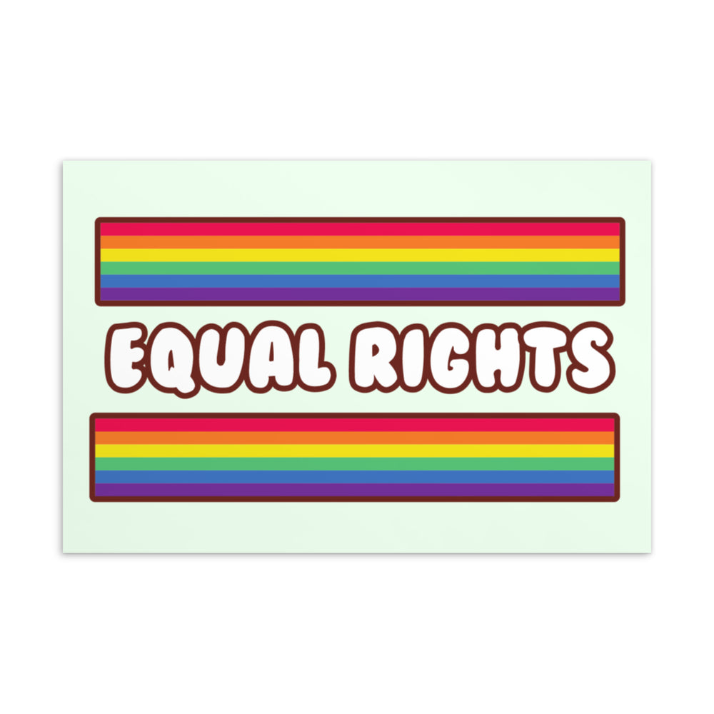 Equal Rights postcard with rainbow stripes above and below bold white lettering