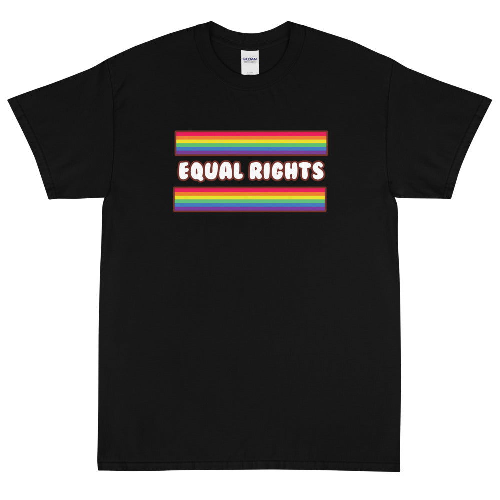 Black T-shirt with rainbow stripes and “EQUAL RIGHTS” text