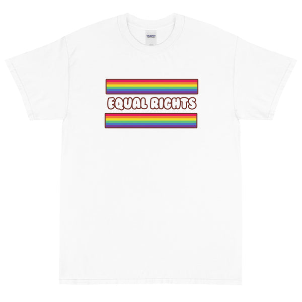 White T-shirt with rainbow stripes and “EQUAL RIGHTS” graphic