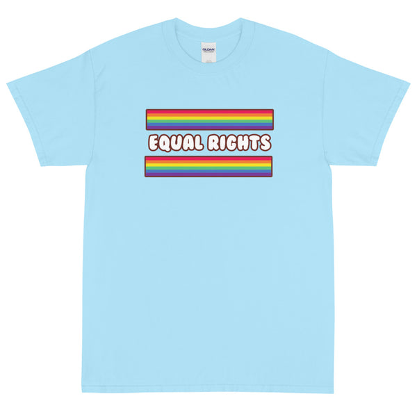 Light blue Equal Rights T-shirt with rainbow stripes above and below the slogan