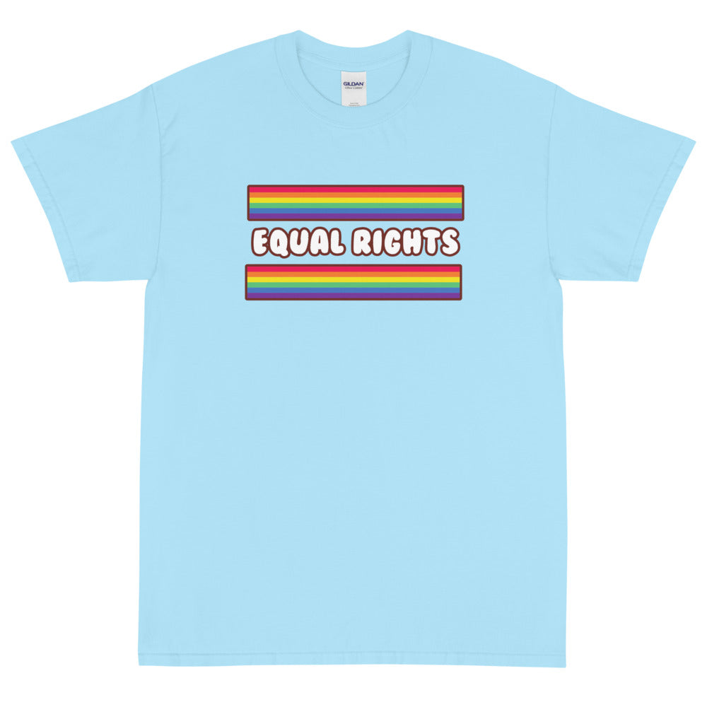 Light blue Equal Rights T-shirt with rainbow stripes above and below the slogan