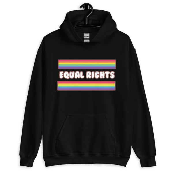 Front-facing black hoodie with rainbow stripes and “EQUAL RIGHTS” text