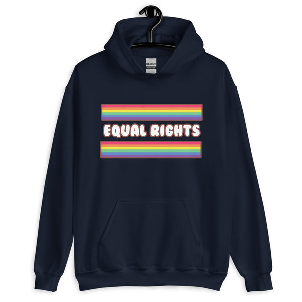 Front-facing navy hoodie with rainbow stripes and “EQUAL RIGHTS” text