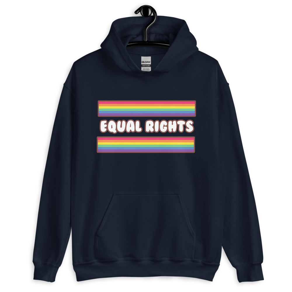 Front-facing navy hoodie with rainbow stripes and “EQUAL RIGHTS” text