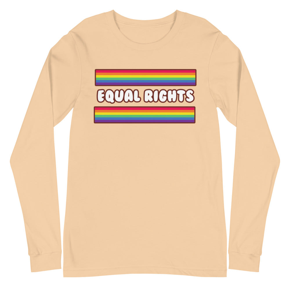 Front view of a sand-colored long-sleeve shirt with rainbow stripes and “EQUAL RIGHTS” text