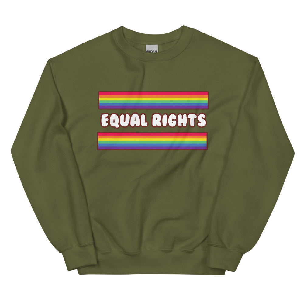 Front view of an olive-green sweatshirt reading “EQUAL RIGHTS” between two rainbow stripes