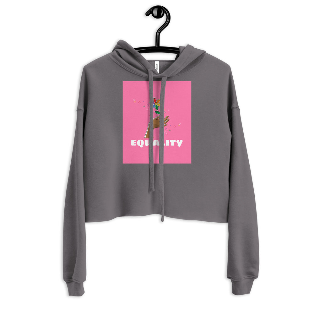 Front view of a gray cropped hoodie on a hanger with a pink “EQUALITY” graphic