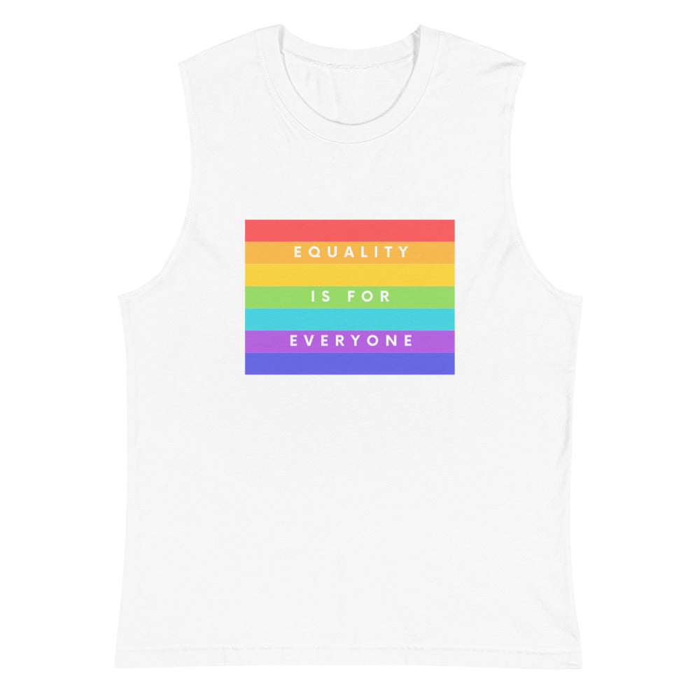 White muscle tank top with a rainbow-striped graphic reading “EQUALITY IS FOR EVERYONE”