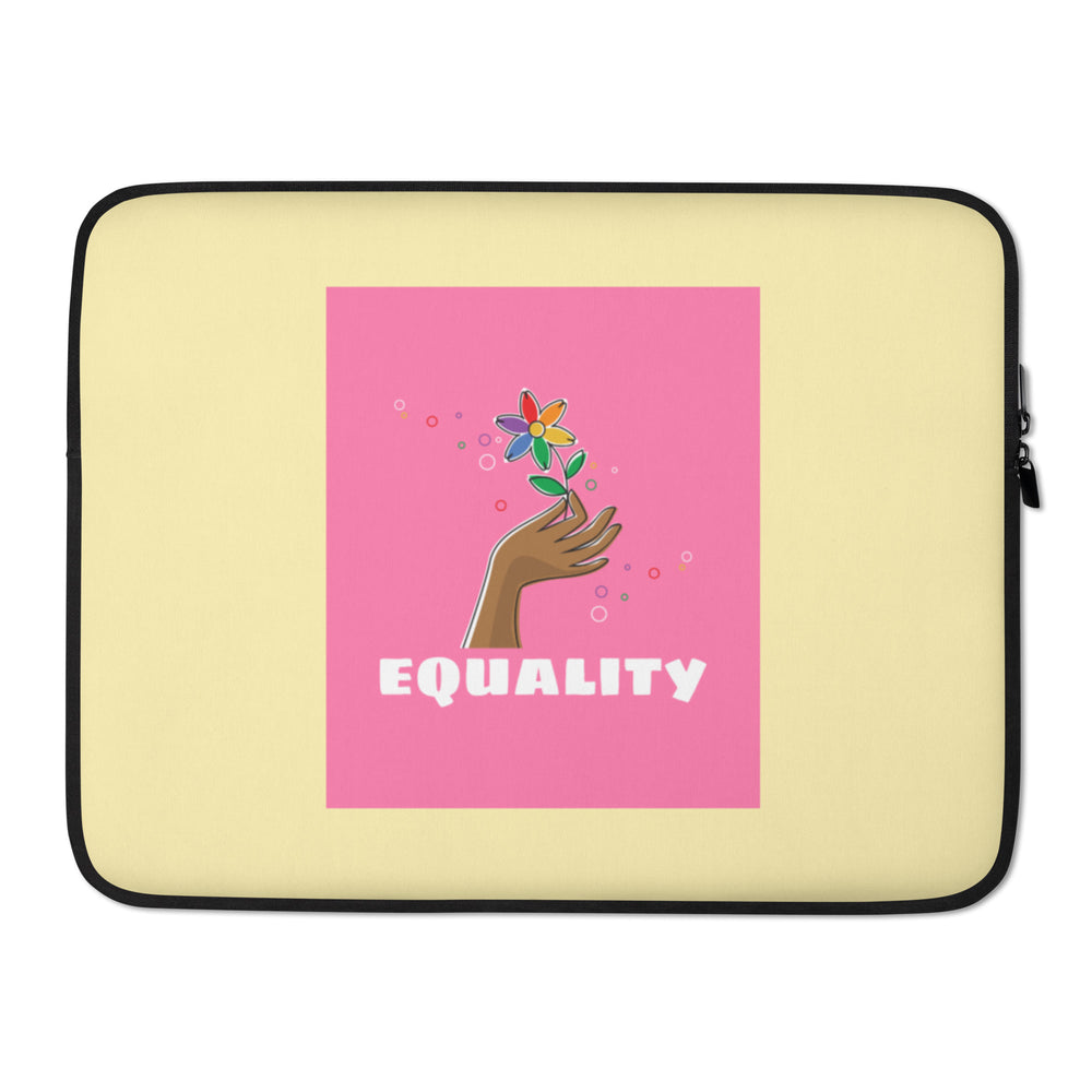Front view of a pale yellow laptop sleeve with black trim and pink “EQUALITY” flower-and-hand graphic