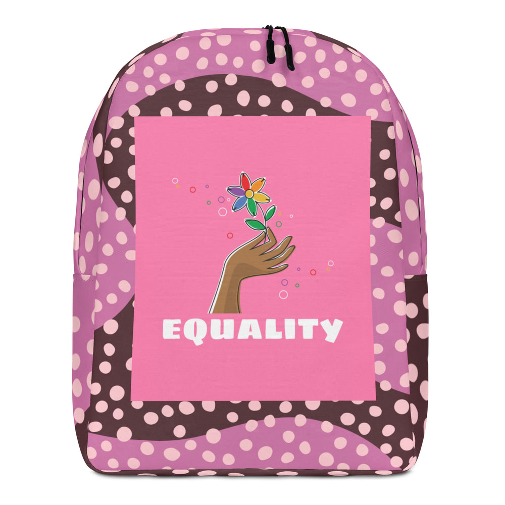 Front-view backpack with pink and brown polka dots, a flower-in-hand graphic, and “EQUALITY” text