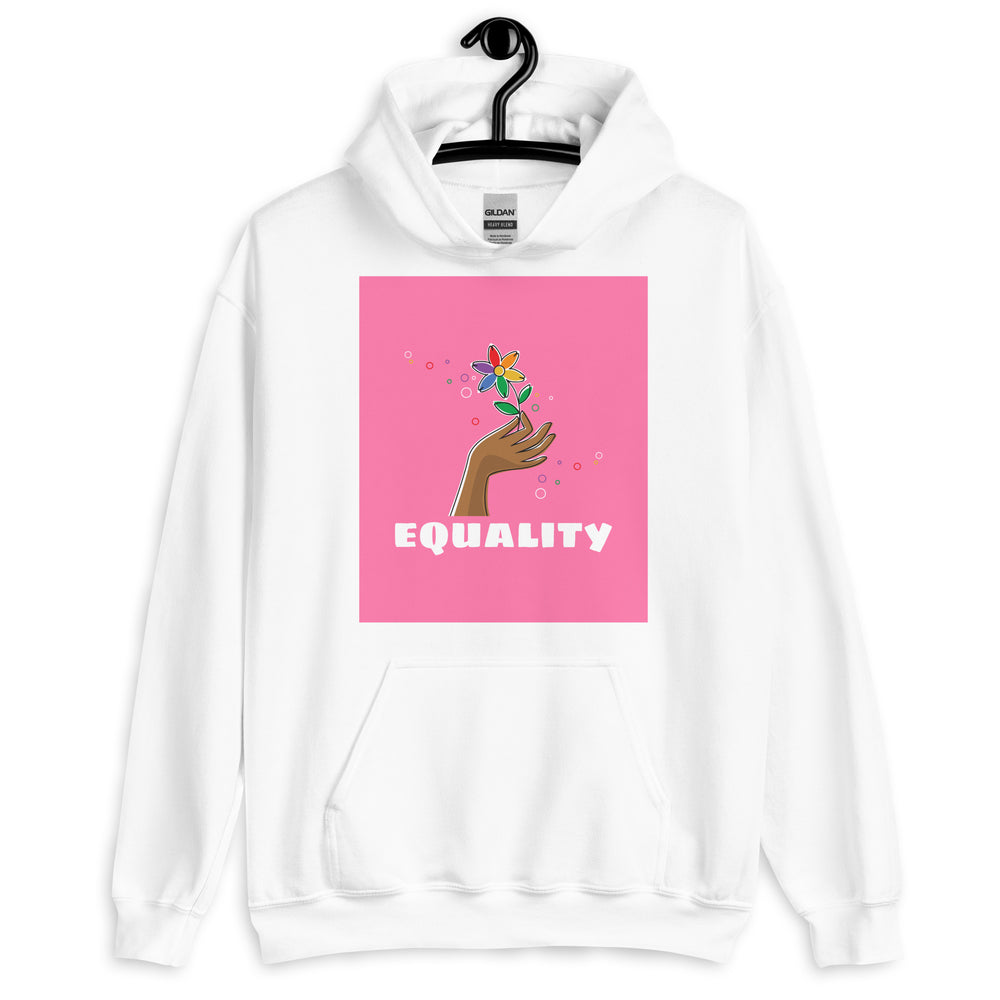 White hoodie on a hanger with a pink Equality graphic, flower, and raised hand