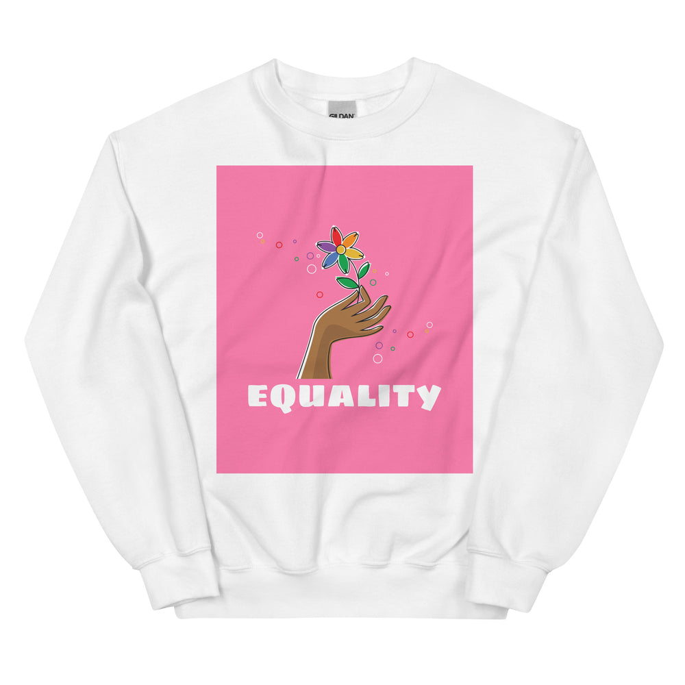 Front view of a white sweatshirt with a pink panel showing a hand holding a multicolored flower and “EQUALITY.”