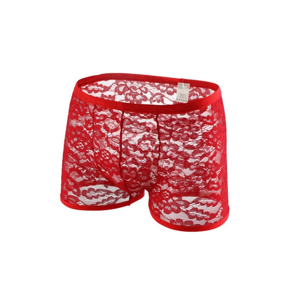 Red floral lace boxers with a solid waistband and leg trim