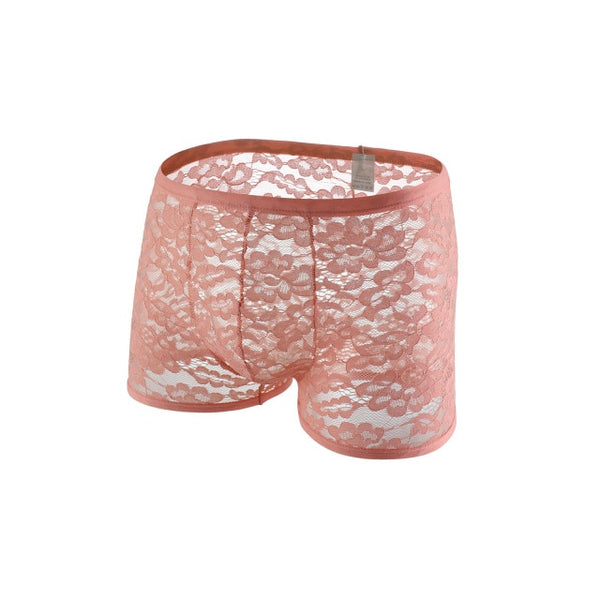 Pink floral lace boxer briefs with a sheer finish and elastic waistband