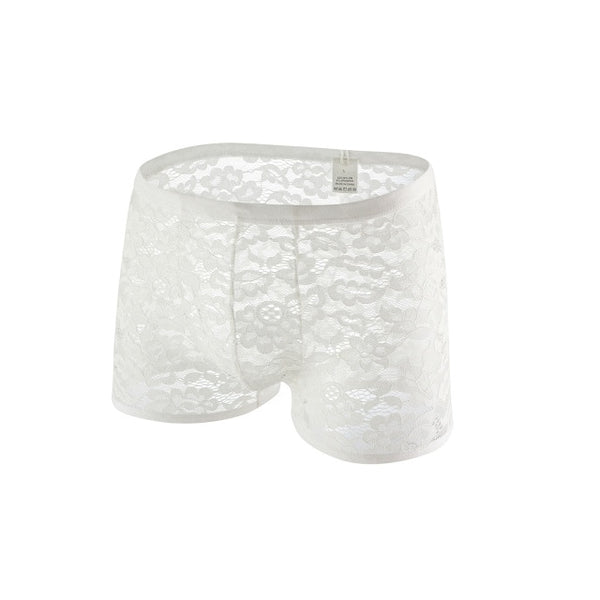 White lace boxers with a sheer floral pattern and elastic waistband