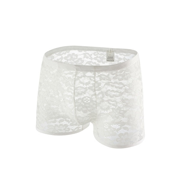 White lace boxers with a sheer floral pattern and elastic waistband