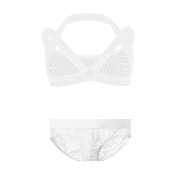White mesh harness-style bra and matching mesh briefs shown separately on white