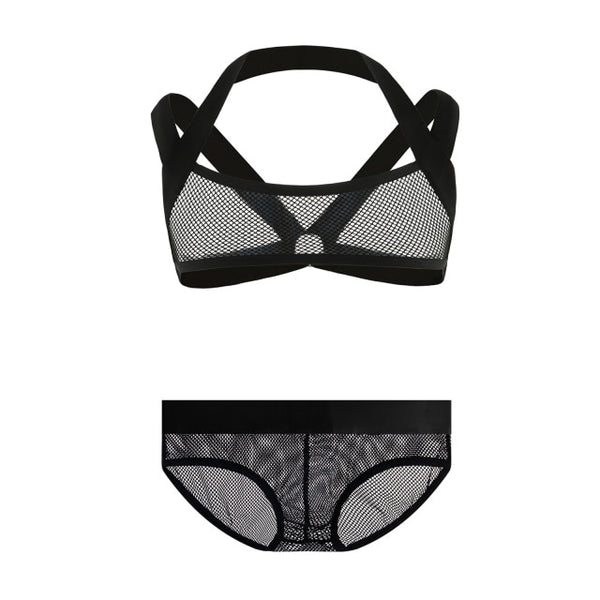 Black mesh harness bra and matching underwear shown separately on a white background