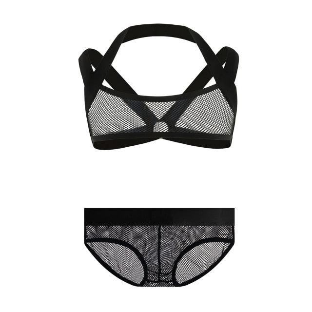 Black mesh harness bra and matching underwear shown separately on a white background
