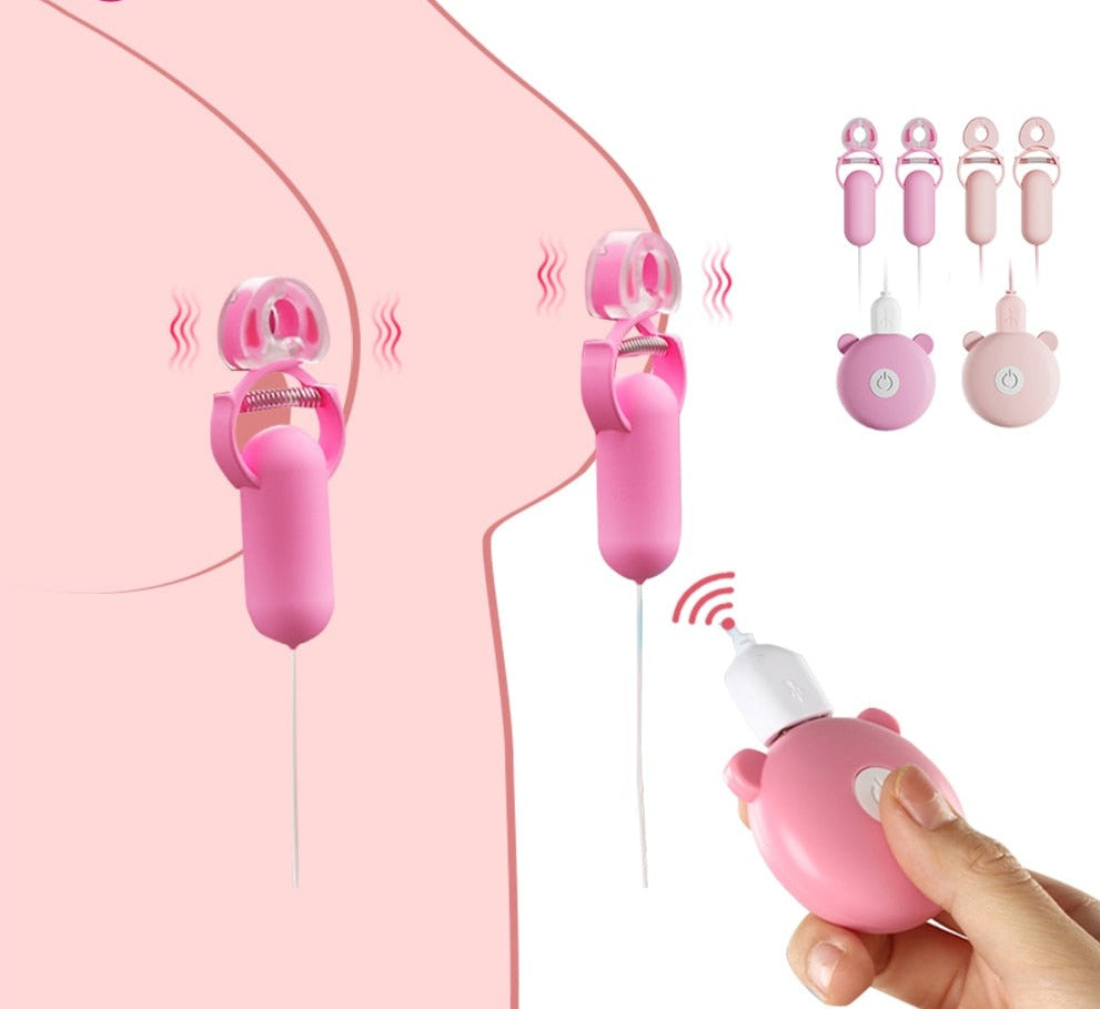 Pink electric nipple clamp vibrator shown on a breast outline, with a handheld remote and alternate colors