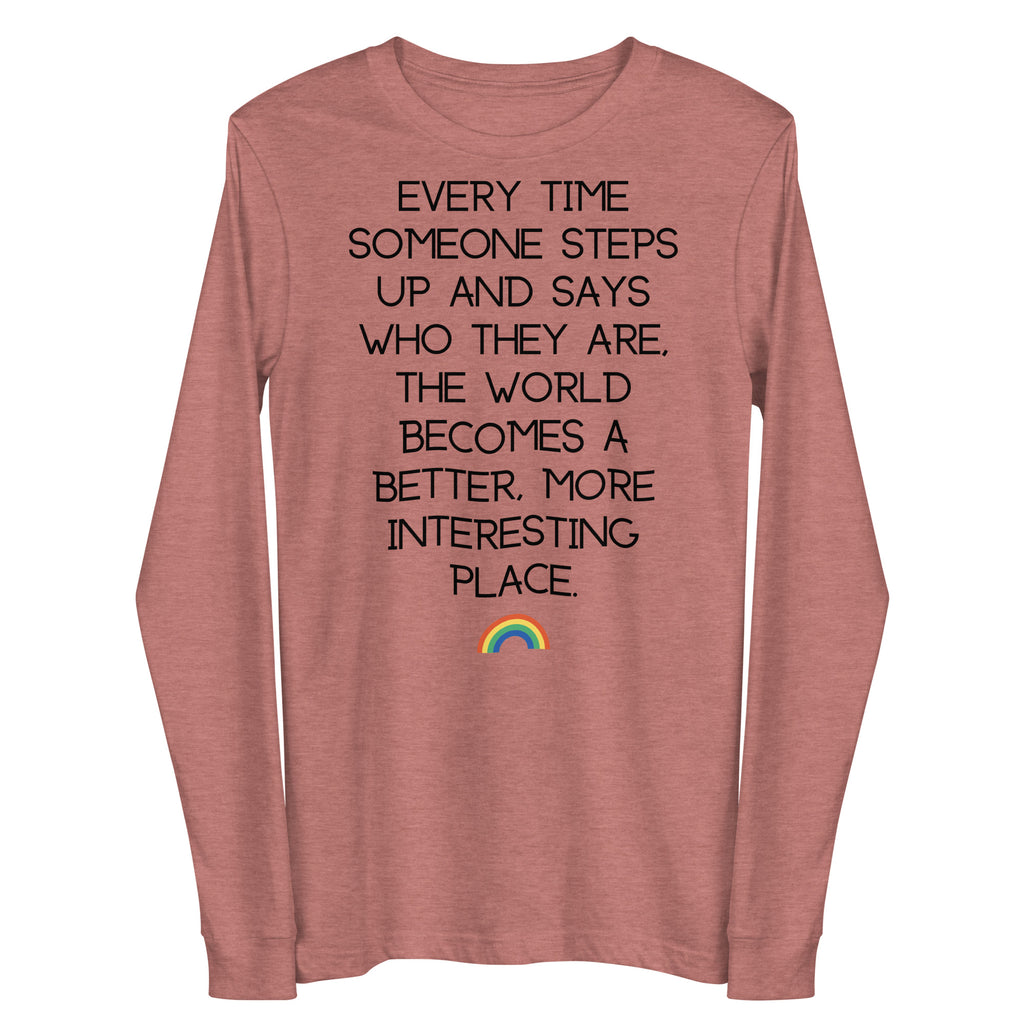 Heather mauve long-sleeve shirt with black text and a small rainbow graphic