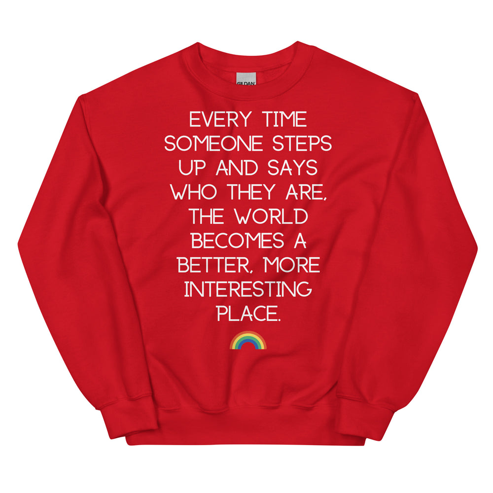 Front view of a red sweatshirt with white text and a small rainbow graphic
