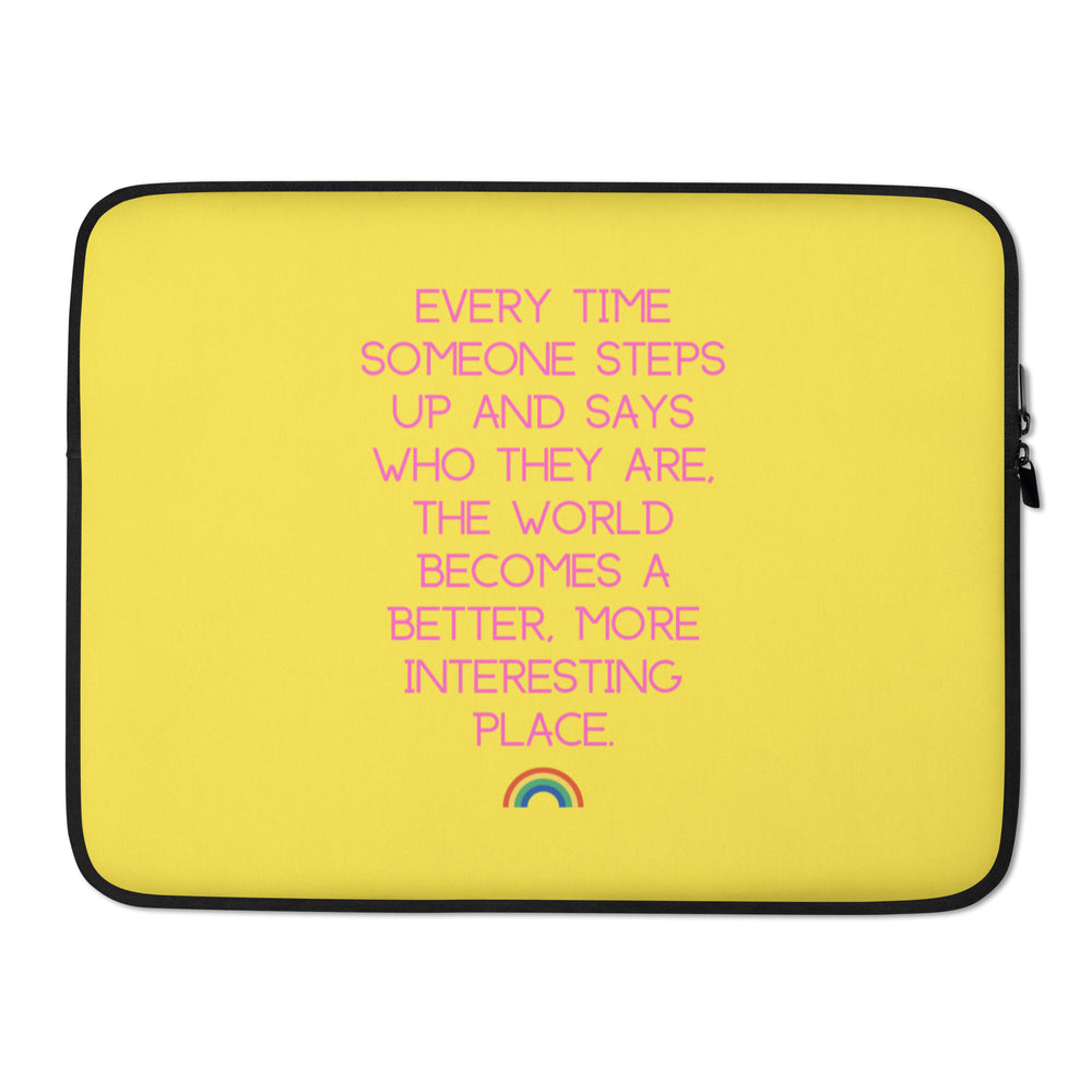 Yellow laptop sleeve with pink text and a small rainbow graphic, front view