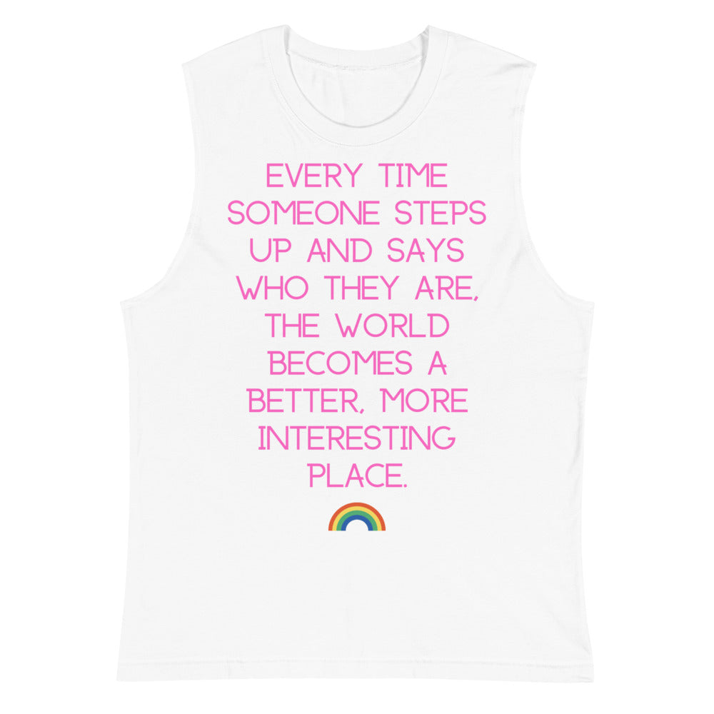 White sleeveless muscle tank with pink quote text and a small rainbow graphic