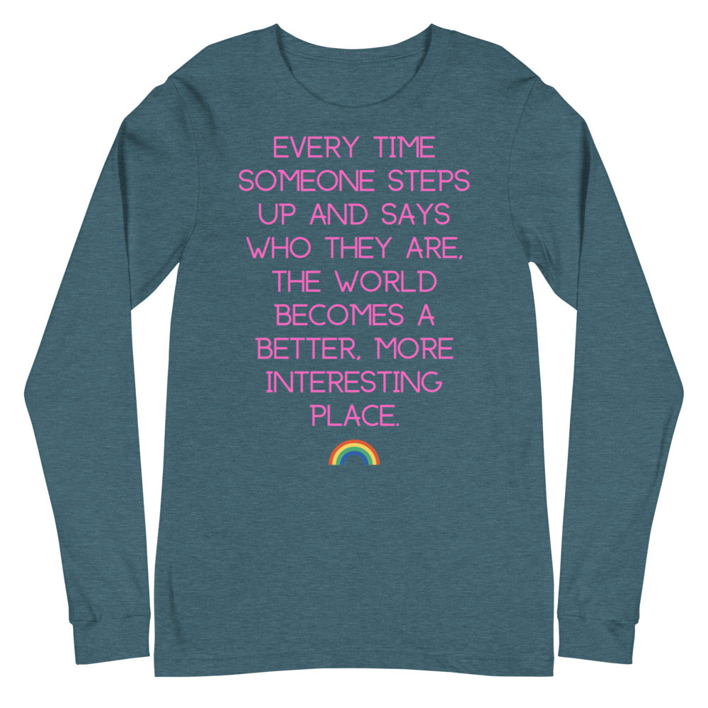 Heather teal long-sleeve shirt with pink text and a small rainbow graphic