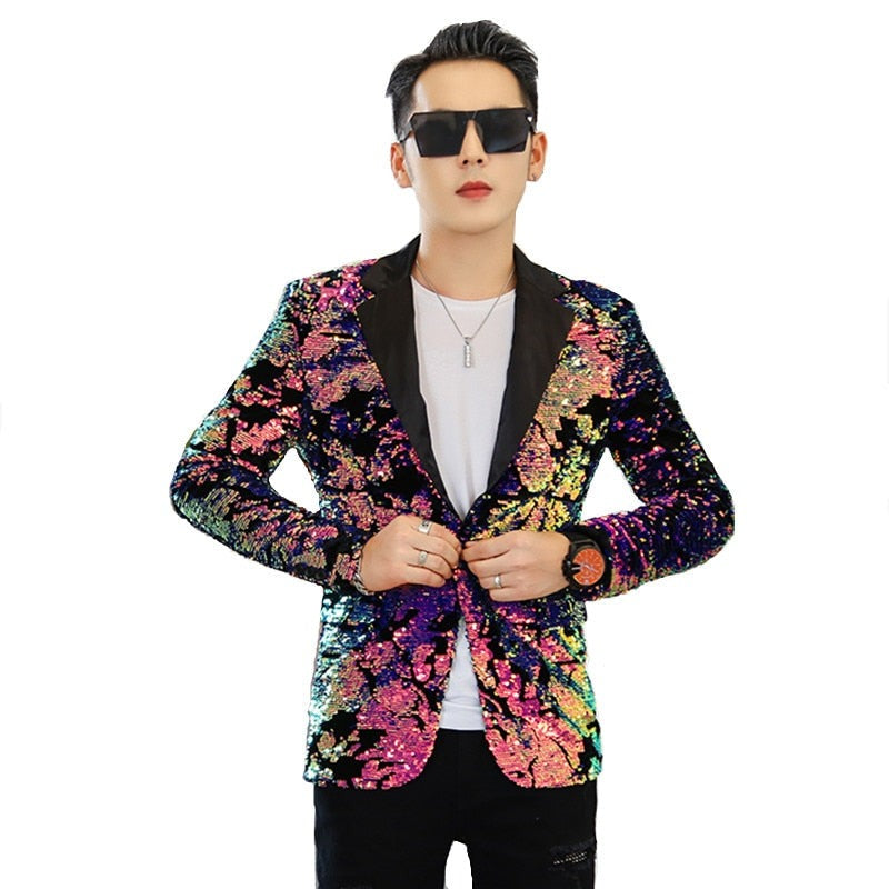 Front-facing model wearing a multicolored floral sequin blazer with black lapels