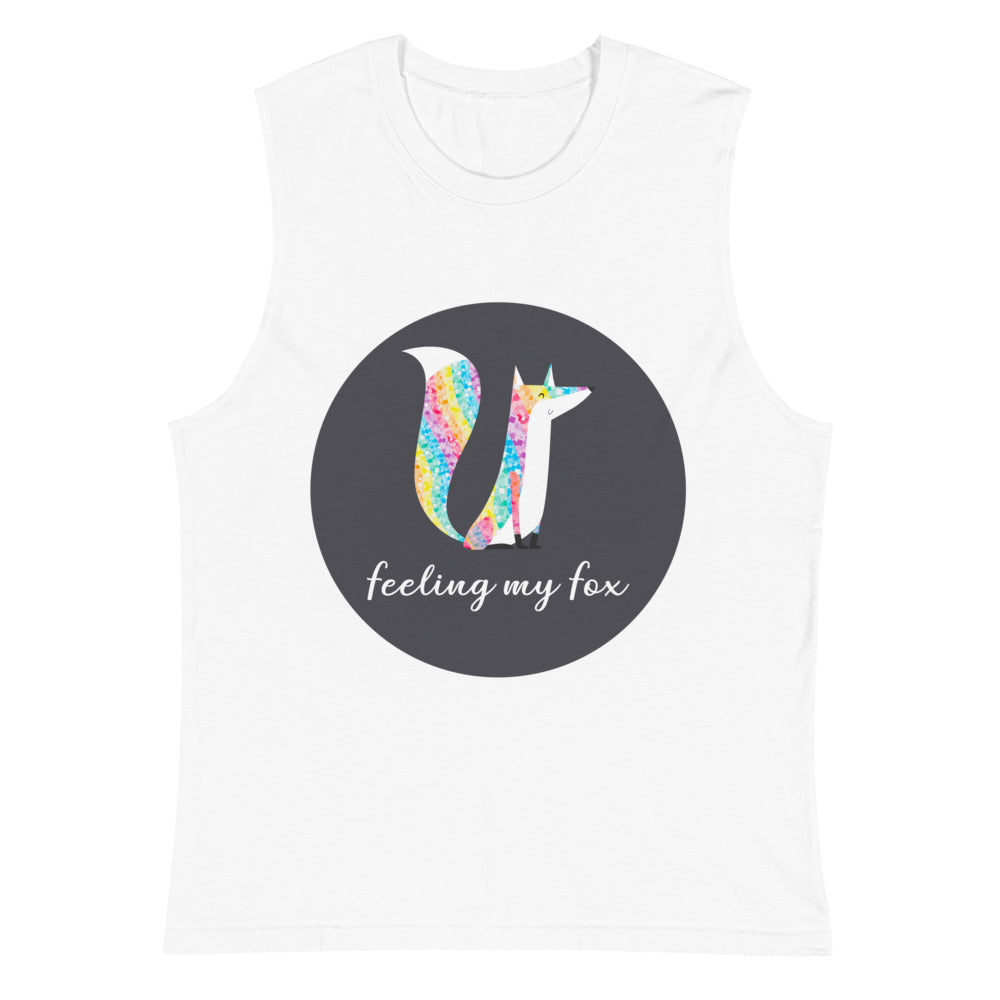 White sleeveless muscle tank with a colorful fox graphic and “feeling my fox” text