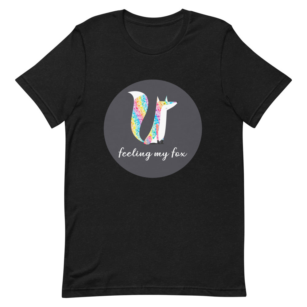 Black T-shirt with a colorful fox graphic and “feeling my fox” text