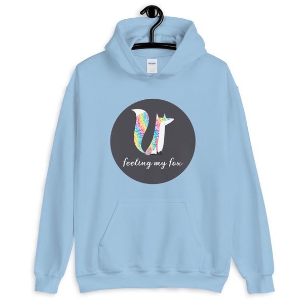 Light blue hoodie with colorful fox graphic and “feeling my fox” text