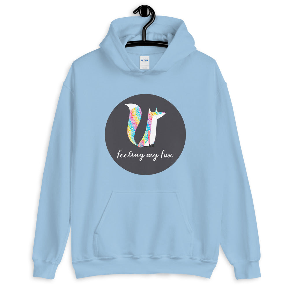 Light blue hoodie with colorful fox graphic and “feeling my fox” text