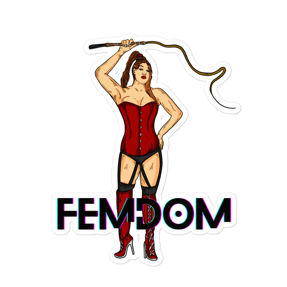 Sticker illustration of a woman in red lingerie holding a whip above the word “FEMDOM”
