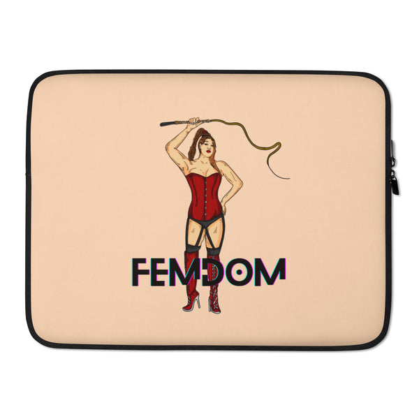 Front view of a beige laptop sleeve with a corseted woman holding a whip and “FEMDOM” text