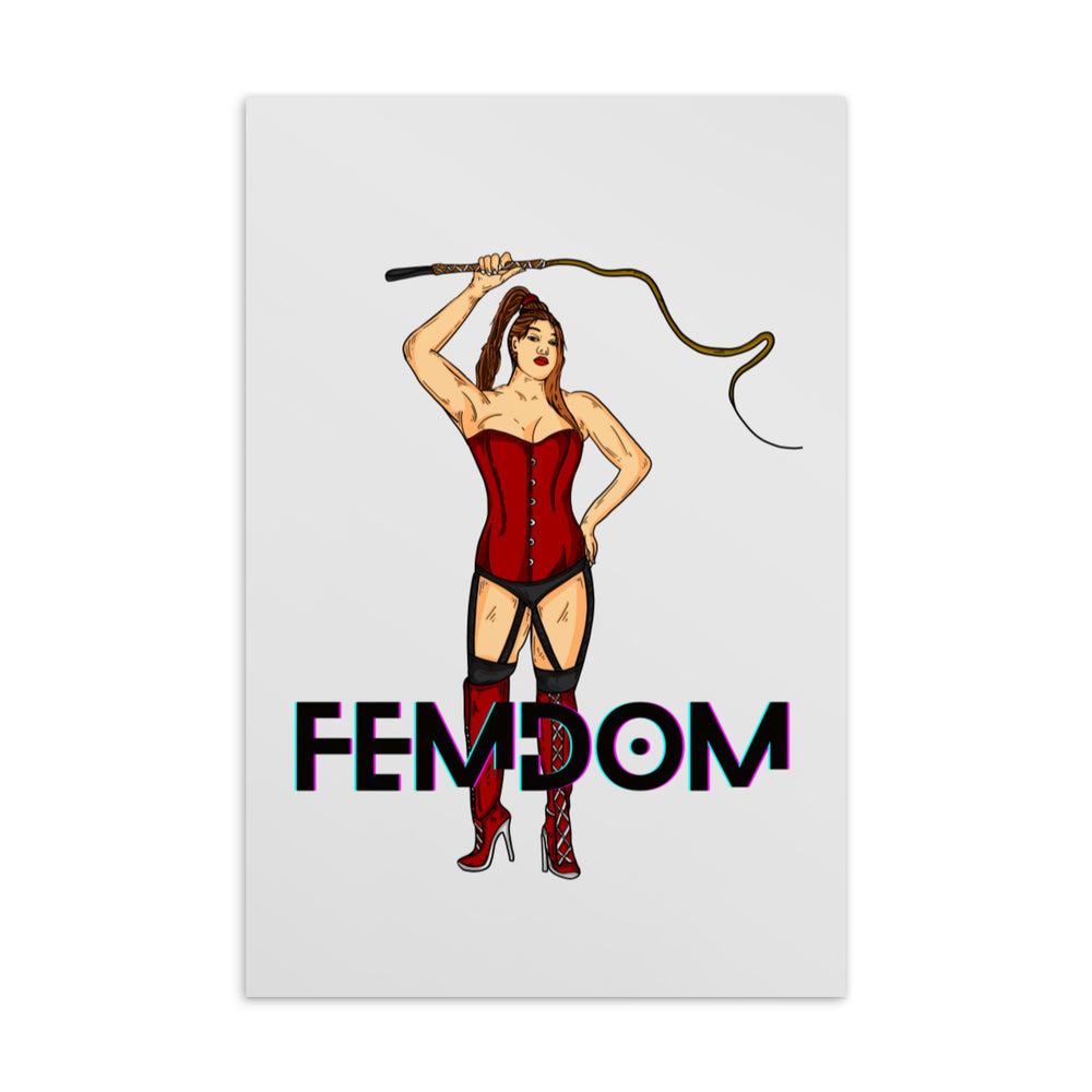 Femdom postcard showing an illustrated woman in a red corset and thigh-high boots holding a whip