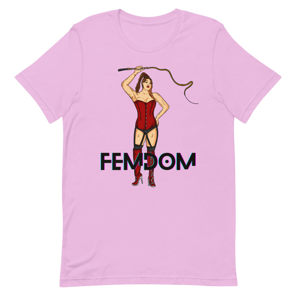 Front view of a lilac T-shirt with a corseted woman holding a whip above “FEMDOM.”
