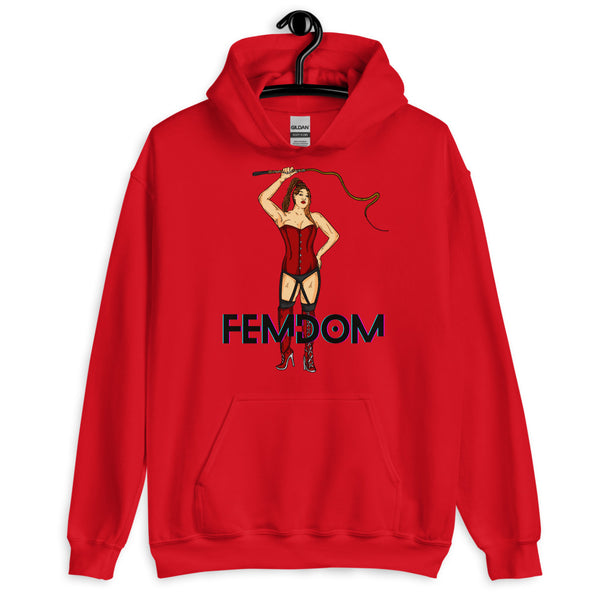 Front-view red hoodie with a corseted woman holding a whip above the word “FEMDOM”